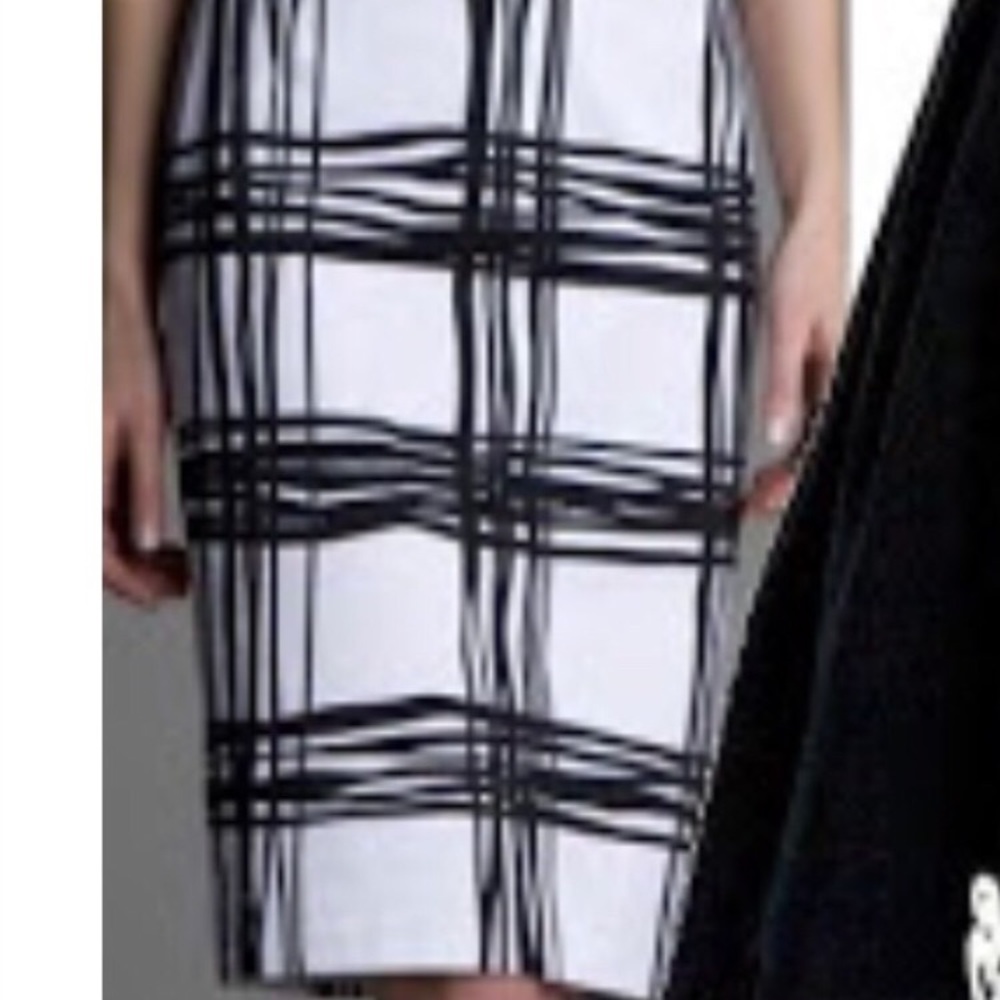 Express black white stripe grid plaid midi skirt